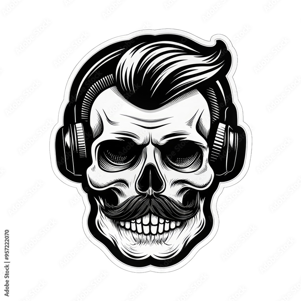 Fototapeta premium A strikingly detailed pop art sticker of a DJ skull adorned with a handlebar mustache and a stylish posh undercut haircut against a solid black background. Intricate Pop Art Sticker of DJ Skull with