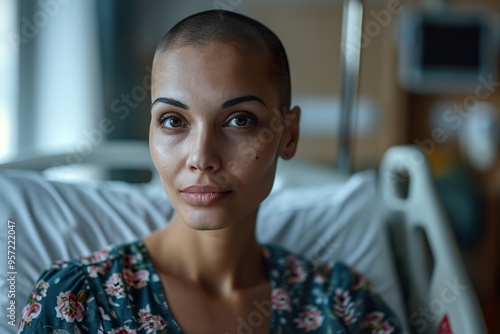 Indian woman bald and strong in a hospital after surviving cancer