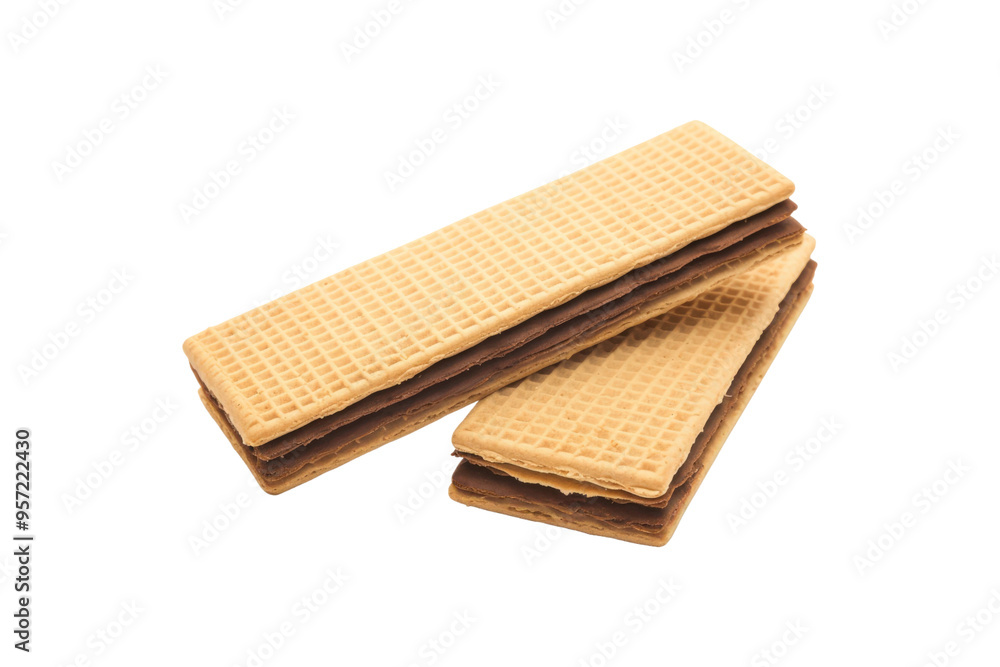 Two chocolate filled wafer cookies were stacked together. Great for food blogs, dessert recipes, or packaging design for sweets and snacks Two chocolate filled wafer cookies were stacked together. Great for food blogs, dessert recipes, or packaging design for sweets and snacks