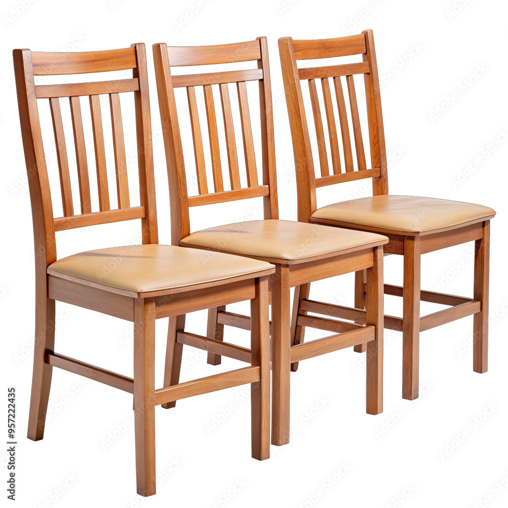 Three wooden chairs with tan cushions are arranged in a row against a white background Three wooden chairs with tan cushions are arranged in a row against a white background