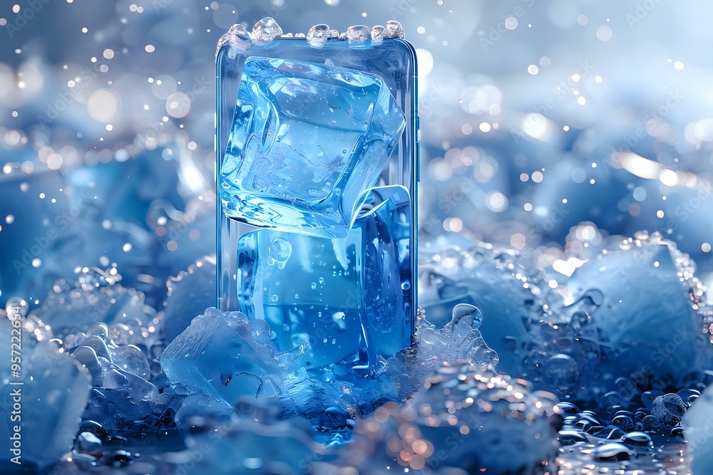 sleek, modern smartphone surrounded by ice cubes and delicate frozen flowers, creating a cool and refreshing visual. The frosty atmosphere highlights the phone's elegant design, sleek, modern smartphone surrounded by ice cubes and delicate frozen flowers, creating a cool and refreshing visual. The frosty atmosphere highlights the phone's elegant design,