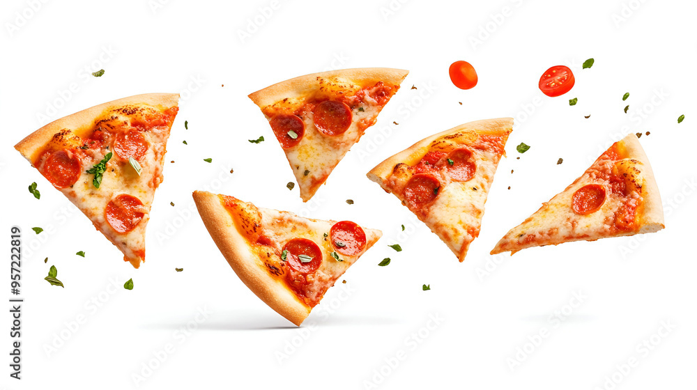 Pizza slices flying, ion white background. Delicious peperoni pizza slices pepperonis and olives, flying pizza pieces with melting cheese. Pizza slices flying, ion white background. Delicious peperoni pizza slices pepperonis and olives, flying pizza pieces with melting cheese.