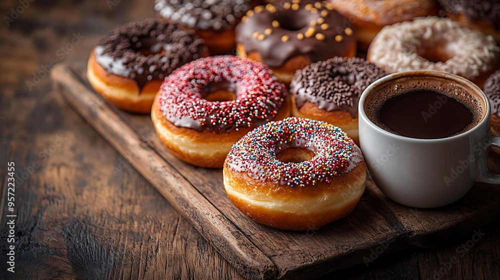 A top-down view of a variety of donuts including glazed, chocolate, and sprinkled, arranged on a wooden table with a cup of coffee, soft natural light highlighting the inviting colors and textures, A top-down view of a variety of donuts including glazed, chocolate, and sprinkled, arranged on a wooden table with a cup of coffee, soft natural light highlighting the inviting colors and textures,