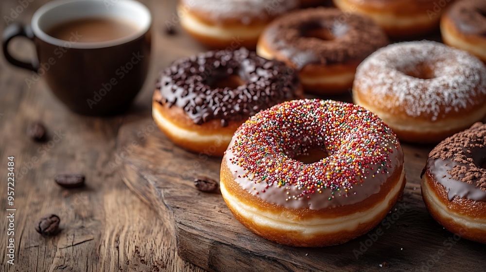 A top-down view of a variety of donuts including glazed, chocolate, and sprinkled, arranged on a wooden table with a cup of coffee, soft natural light highlighting the inviting colors and textures, A top-down view of a variety of donuts including glazed, chocolate, and sprinkled, arranged on a wooden table with a cup of coffee, soft natural light highlighting the inviting colors and textures,