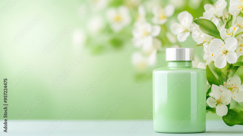 A soft green lotion bottle rests on a surface, complemented by white blossoms and lush greenery, creating a calm and refreshing atmosphere A soft green lotion bottle rests on a surface, complemented by white blossoms and lush greenery, creating a calm and refreshing atmosphere
