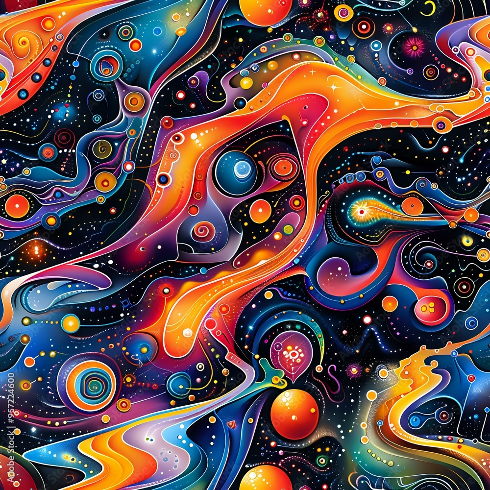 Naklejka premium Vibrant cosmic seamless pattern with fluid waves in orange and purple, featuring colorful planets, stars and swirling nebulas against dark space background, perfect for creative design projects.