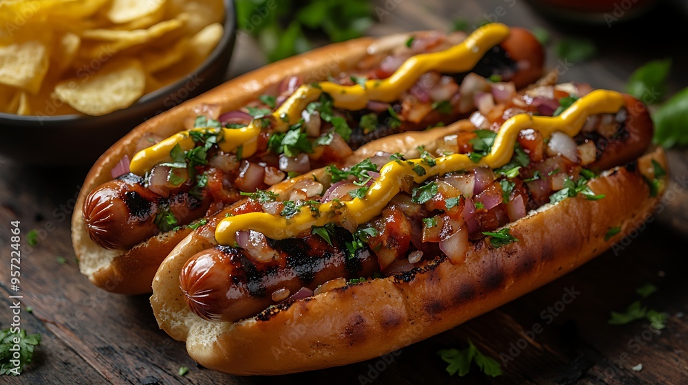 Grilled hot dogs topped with mustard, ketchup, and onions, served on a wooden table with a small bowl of potato chips, photographed from above with soft ambient lighting, Grilled hot dogs topped with mustard, ketchup, and onions, served on a wooden table with a small bowl of potato chips, photographed from above with soft ambient lighting,