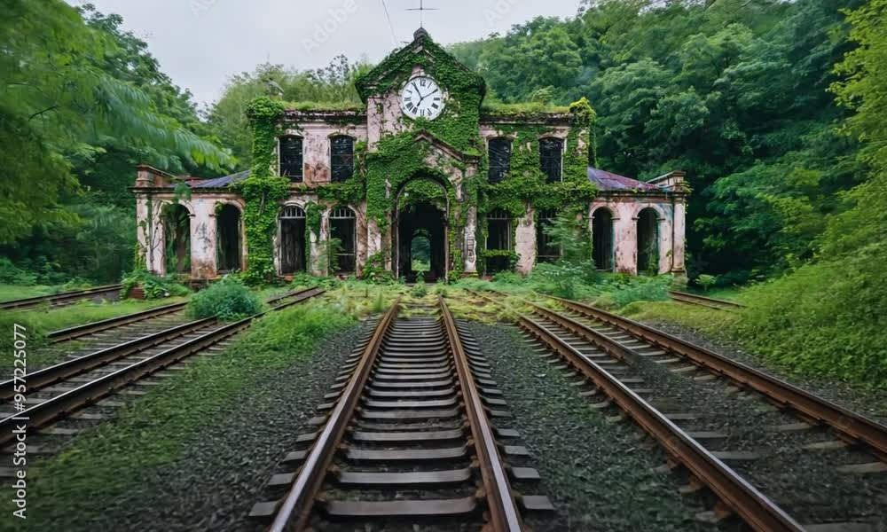 overgrown, abandoned railway station with a clock tower, surrounded by lush greenery and flanked by rusted train tracks, creating an eerie atmosphere of forgotten history and nature reclaiming man-mad overgrown, abandoned railway station with a clock tower, surrounded by lush greenery and flanked by rusted train tracks, creating an eerie atmosphere of forgotten history and nature reclaiming man-mad