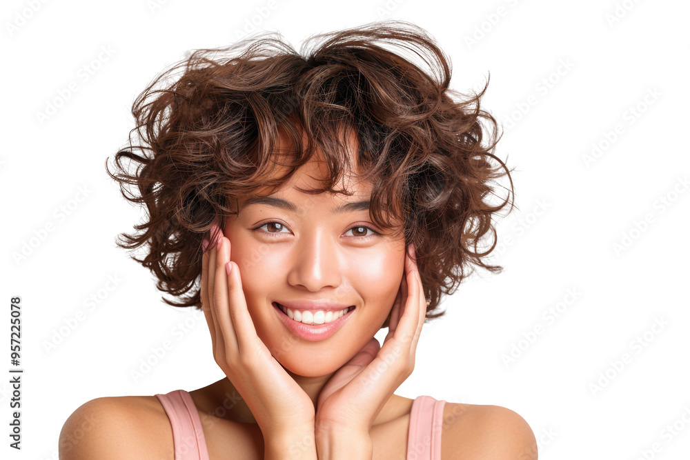 Smiling woman with curly hair touching face, transparent background Smiling woman with curly hair touching face, transparent background