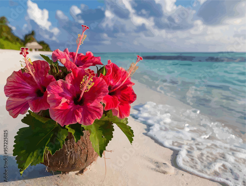 Vector bouquet of tropical hibiscus flowers 
in vase from coconut on sandy beach of ocean shore
in Maldives. Piece of paradise.