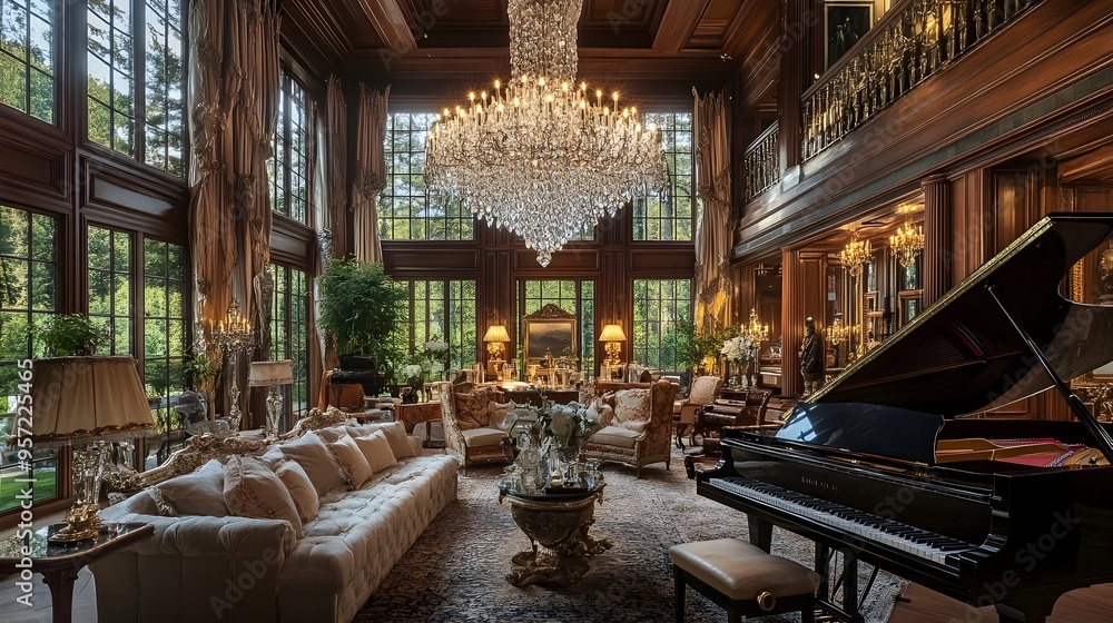 Fototapeta premium Luxurious Living Room with Crystal Chandeliers and Elegant Furnishings