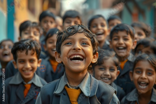 Schoolchildren in India dressed in uniform laughing out loud photo