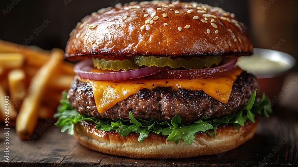 A classic cheeseburger with a side of fries served on a rustic wooden table, photographed with a wide-angle lens to capture the depth and richness of the scene,