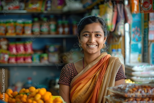 Smiling Indian woman in her kirana shop posed at the cash counter