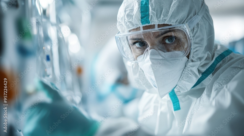A scientist wearing full protective gear and gloves is actively working in a laboratory setting, surrounded by various technical equipment and performing scientific research. A scientist wearing full protective gear and gloves is actively working in a laboratory setting, surrounded by various technical equipment and performing scientific research.