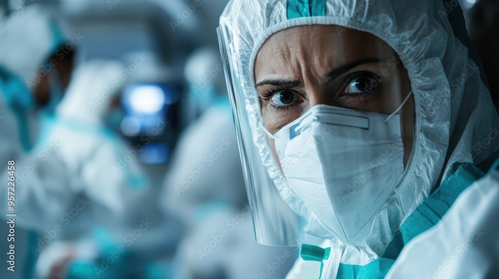 Medical personnel, dressed in full protective gear, including face shields and gloves, actively working to care for a patient in the Intensive Care Unit (ICU) of a hospital. Medical personnel, dressed in full protective gear, including face shields and gloves, actively working to care for a patient in the Intensive Care Unit (ICU) of a hospital.