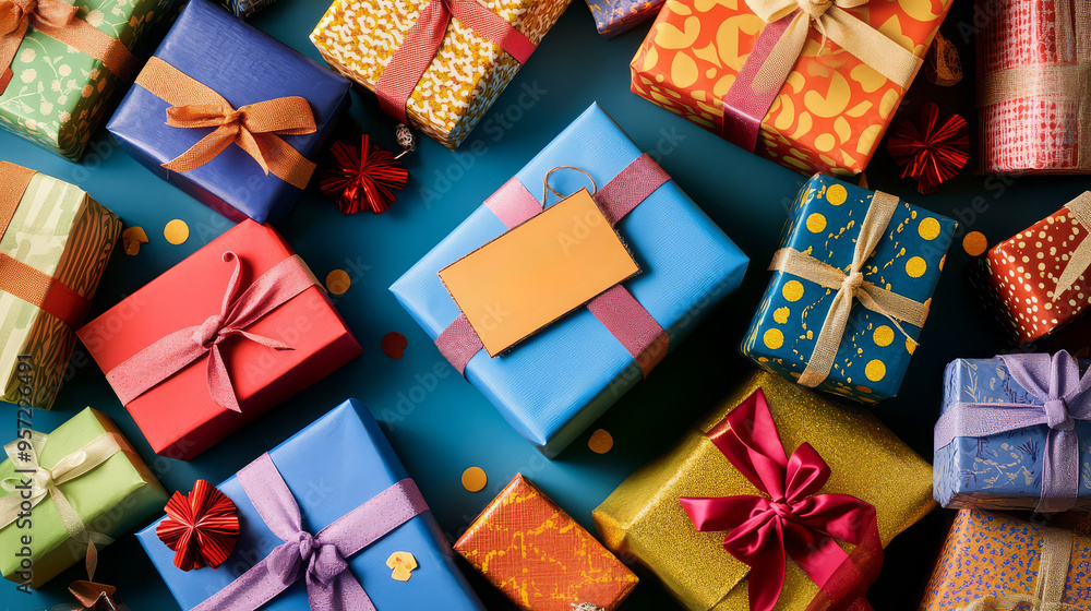 Fototapeta premium a background with a variety of wrapped of gift boxes