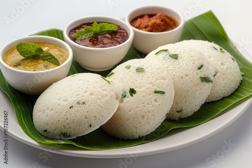 South Indian breakfast featuring idli served with sambhar and chutneys photo