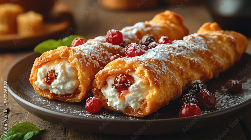 A beautifully plated cannoli filled with ricotta cream, dusted with powdered sugar, served on a dessert plate, with a blurred café setting in the background, warm lighting enhancing the inviting, A beautifully plated cannoli filled with ricotta cream, dusted with powdered sugar, served on a dessert plate, with a blurred café setting in the background, warm lighting enhancing the inviting,