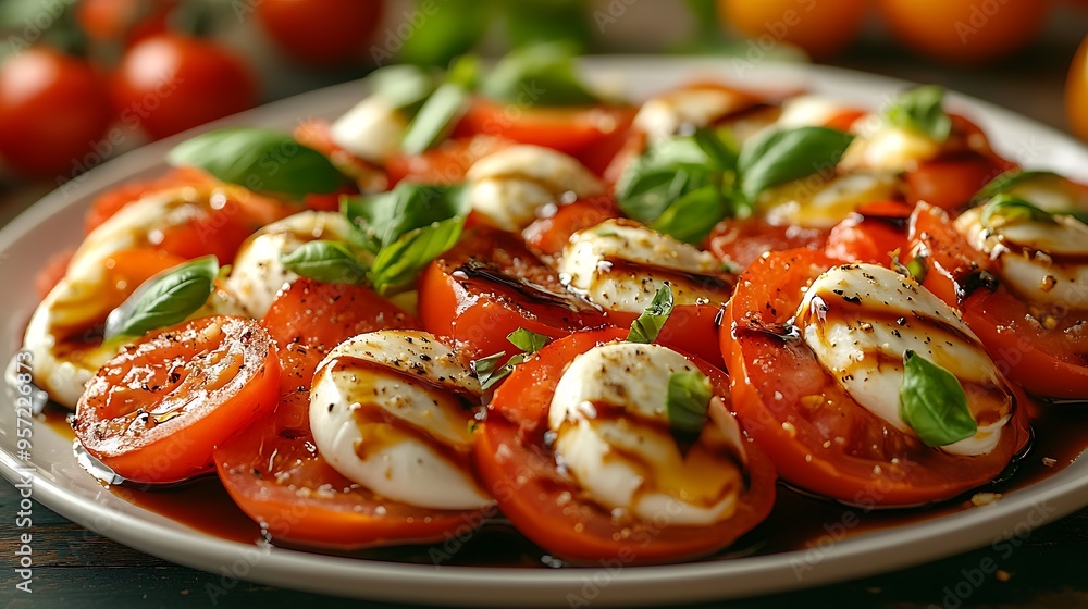 A beautifully plated Caprese Salad with fresh mozzarella, ripe tomatoes, and basil, drizzled with balsamic glaze, served on a white platter, A beautifully plated Caprese Salad with fresh mozzarella, ripe tomatoes, and basil, drizzled with balsamic glaze, served on a white platter,