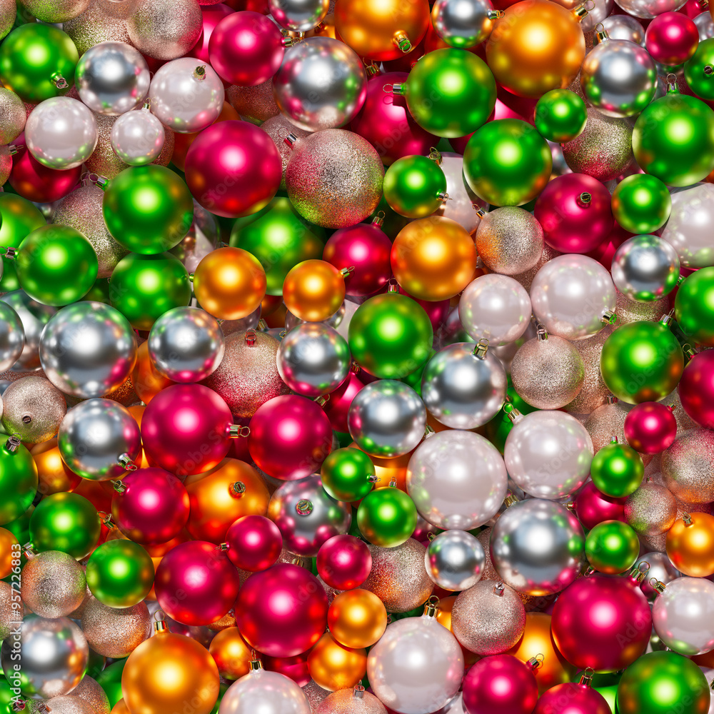 Christmas balls in red, green and gold colors Composition of Christmas ornaments. 3D render. Holiday decoration. Christmas balls in red, green and gold colors Composition of Christmas ornaments. 3D render. Holiday decoration.