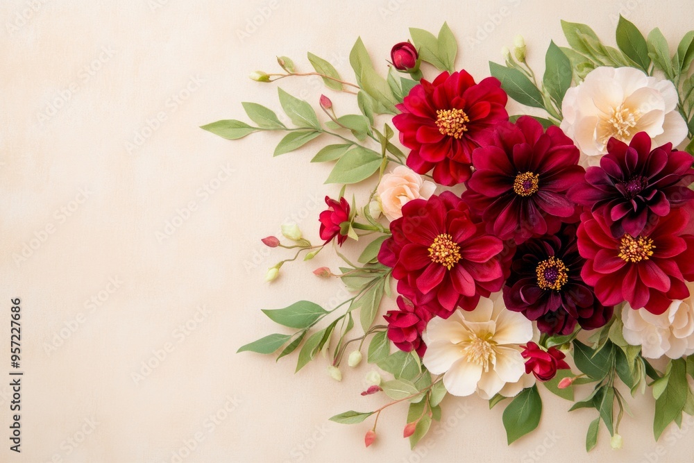 Elegant floral composition with deep red and cream flowers arranged against a soft beige background Elegant floral composition with deep red and cream flowers arranged against a soft beige background