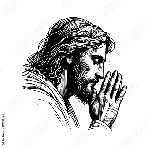  line art sketch drawing- jesus christ praying (artwork 2)