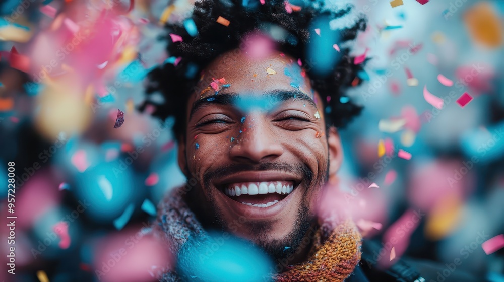 A happy man with a wide, genuine smile is immersed in a storm of colorful confetti, depicting a lively and animated celebration full of cheer, joy, and excitement. A happy man with a wide, genuine smile is immersed in a storm of colorful confetti, depicting a lively and animated celebration full of cheer, joy, and excitement.