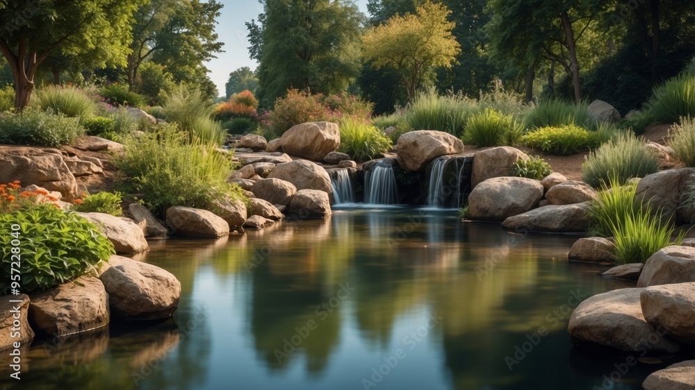 Summer day water garden with lush vegetation and flowing stream. Summer day water garden with lush vegetation and flowing stream.