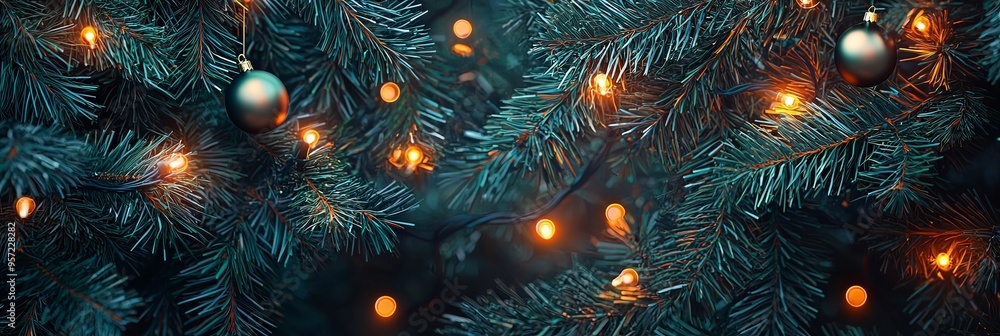 Elegant close-up view of Christmas lights and shiny baubles on pine tree branches, showcasing a delightful festive view to enhance the holiday spirit and charm. Elegant close-up view of Christmas lights and shiny baubles on pine tree branches, showcasing a delightful festive view to enhance the holiday spirit and charm.