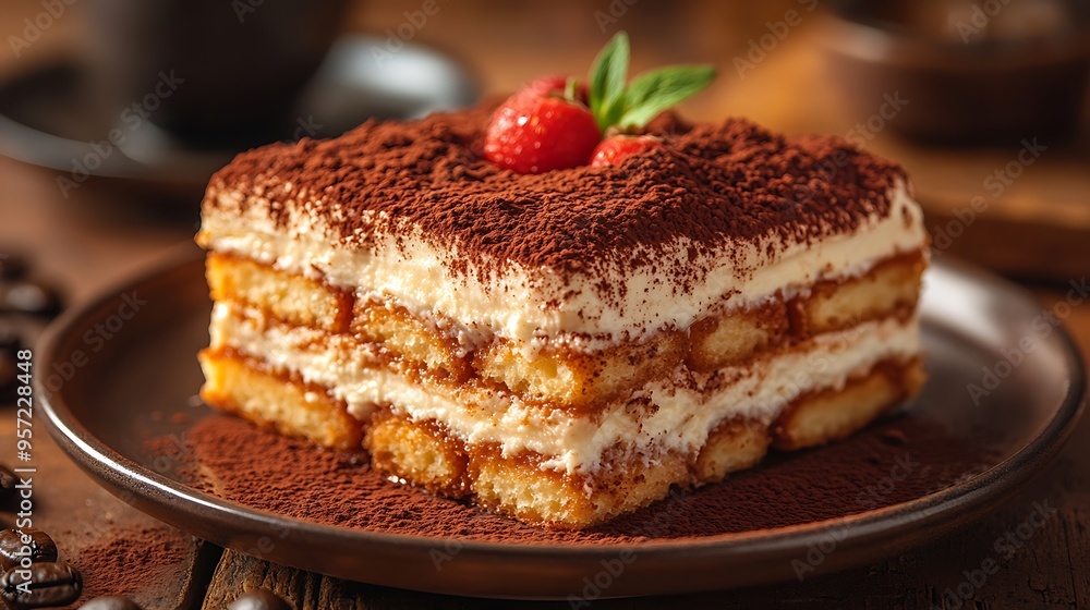 A beautifully plated Tiramisu with a dusting of cocoa powder, served on a dessert plate, with a blurred coffee cup in the background, A beautifully plated Tiramisu with a dusting of cocoa powder, served on a dessert plate, with a blurred coffee cup in the background,