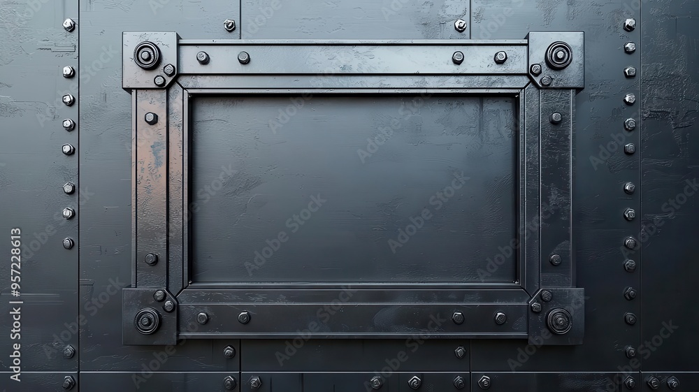 A textured metal frame against a dark background, showcasing a sturdy design with bolts and rivets for industrial aesthetics. A textured metal frame against a dark background, showcasing a sturdy design with bolts and rivets for industrial aesthetics.