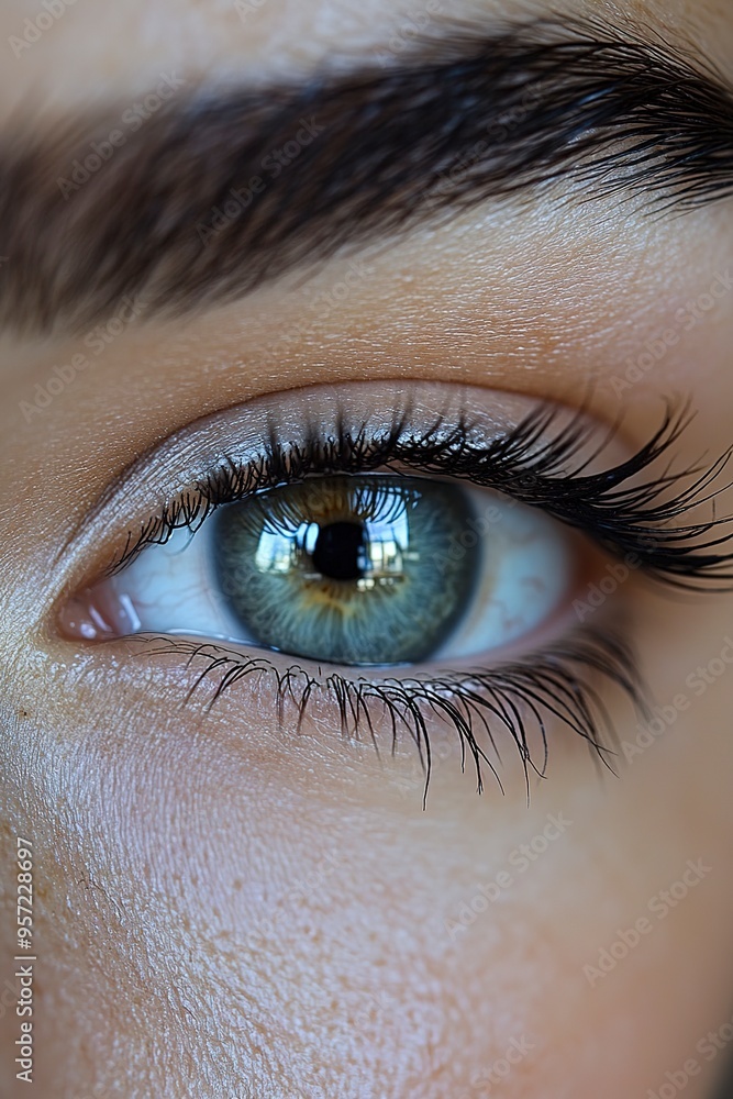 Obraz premium A Window to the Soul: A captivating close-up of a woman's eye, showcasing its natural beauty and depth. The vibrant green iris and long eyelashes create an alluring gaze.