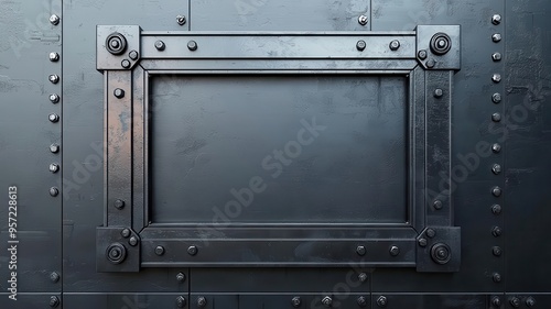 A textured metal frame against a dark background, showcasing a sturdy design with bolts and rivets for industrial aesthetics.