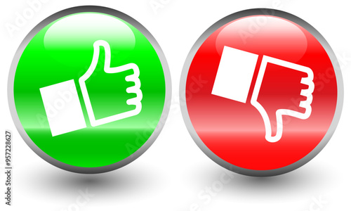Advisory Buttons with Thumbs up and thumbs down review icons, good or bad buttons, agreement approval or rejection elements isolated on transparent background