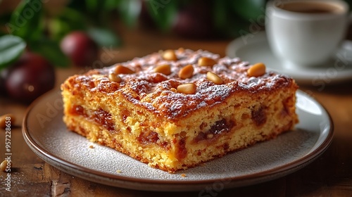 A beautifully plated Torta della Nonna with a golden crust, sprinkled with pine nuts, served on a dessert plate, with a blurred espresso cup in the background, creating a warm and inviting café scene.