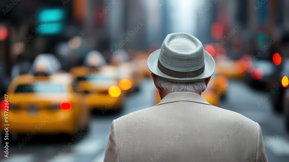 An elderly man wearing a hat stands on a busy urban street with numerous yellow taxis in the background, portraying a typical city scene and urban life hustle. An elderly man wearing a hat stands on a busy urban street with numerous yellow taxis in the background, portraying a typical city scene and urban life hustle.