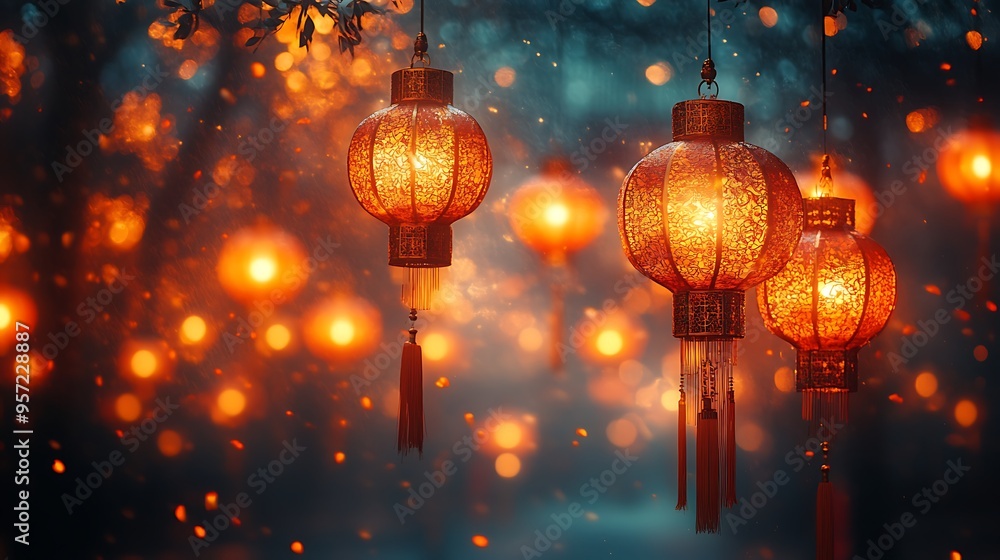 Red Chinese lanterns hanging in a mystical forest with glowing bokeh lights. Red Chinese lanterns hanging in a mystical forest with glowing bokeh lights.