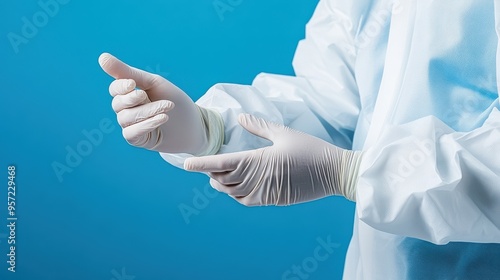 Close Up of Hands Wearing White Gloves and Protective Suit on Blue Background