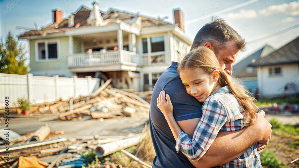 Father and daughter are hugging in front of their new house. They are looking at each other. Father and daughter are hugging in front of their new house. They are looking at each other.