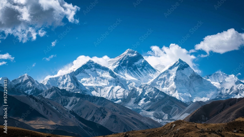 Majestic mountain range with snow-capped peaks under a clear blue sky Majestic mountain range with snow-capped peaks under a clear blue sky