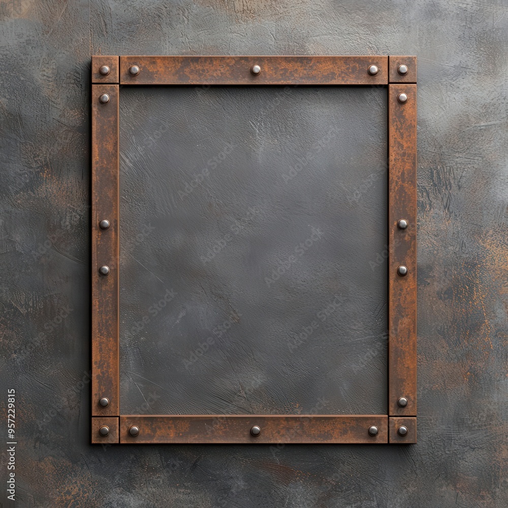 Obraz premium Rustic metal frame against a textured wall, ideal for showcasing photos or artwork in a vintage setting.