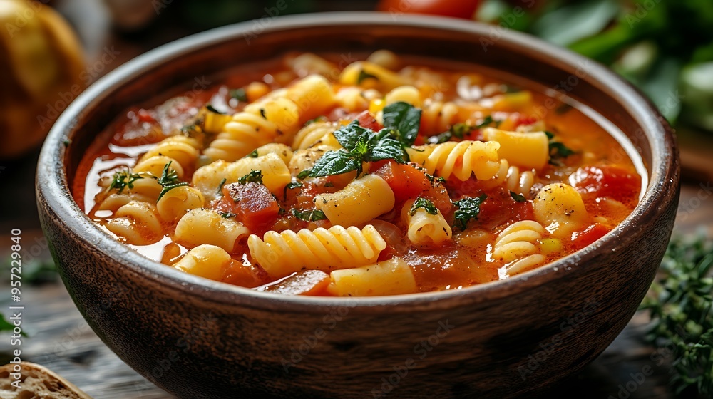 A close-up of Minestrone Soup filled with fresh vegetables and pasta, served in a rustic bowl, with a blurred kitchen countertop in the background, A close-up of Minestrone Soup filled with fresh vegetables and pasta, served in a rustic bowl, with a blurred kitchen countertop in the background,
