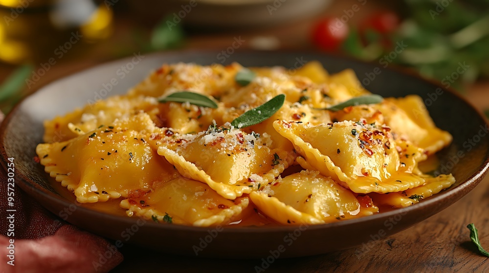 A close-up of ravioli in sage butter sauce, garnished with Parmesan, elegantly served on a ceramic plate, with a blurred olive oil bottle in the background, A close-up of ravioli in sage butter sauce, garnished with Parmesan, elegantly served on a ceramic plate, with a blurred olive oil bottle in the background,