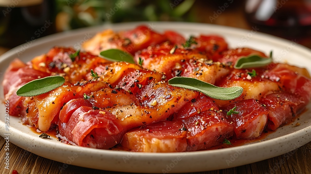 A close-up of Saltimbocca alla Romana with tender veal, prosciutto, and sage, served on a white plate, with a blurred bottle of wine in the background, warm light creating a cozy, A close-up of Saltimbocca alla Romana with tender veal, prosciutto, and sage, served on a white plate, with a blurred bottle of wine in the background, warm light creating a cozy,
