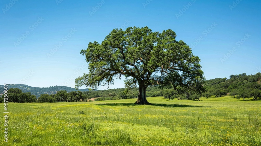 Majestic oak tree in a lush green field under a clear blue sky Majestic oak tree in a lush green field under a clear blue sky