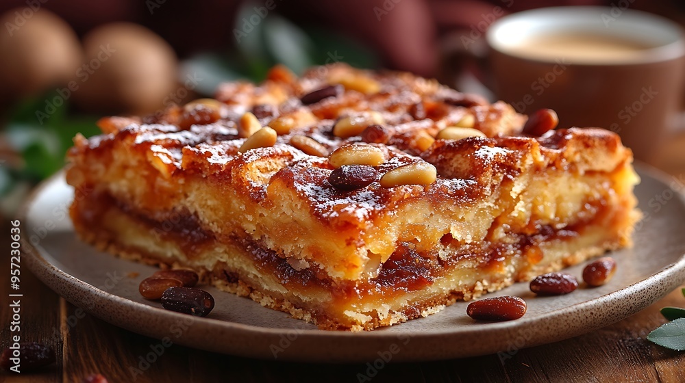 A close-up of Torta della Nonna with a golden crust and pine nuts, served on a dessert plate, with a blurred espresso cup in the background, A close-up of Torta della Nonna with a golden crust and pine nuts, served on a dessert plate, with a blurred espresso cup in the background,