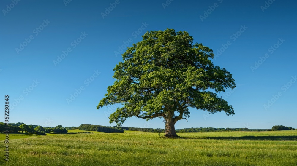 Majestic oak tree in a lush green field under a clear blue sky Majestic oak tree in a lush green field under a clear blue sky