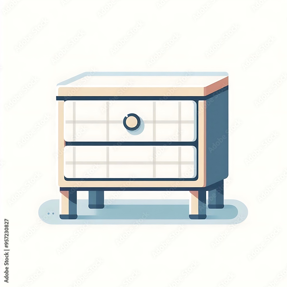 A flat illustration vector image of a small, minimalist nightstand with a drawer and a flat surface, placed on a solid white background. A flat illustration vector image of a small, minimalist nightstand with a drawer and a flat surface, placed on a solid white background.