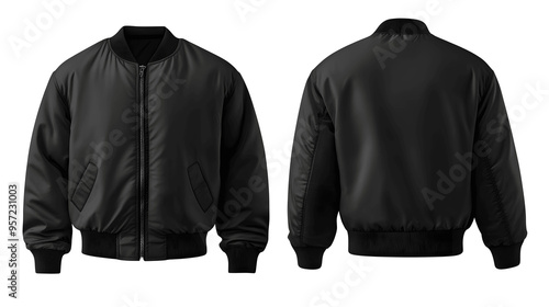 Black men's bomber jacket mockup, front and back view, isolated on white